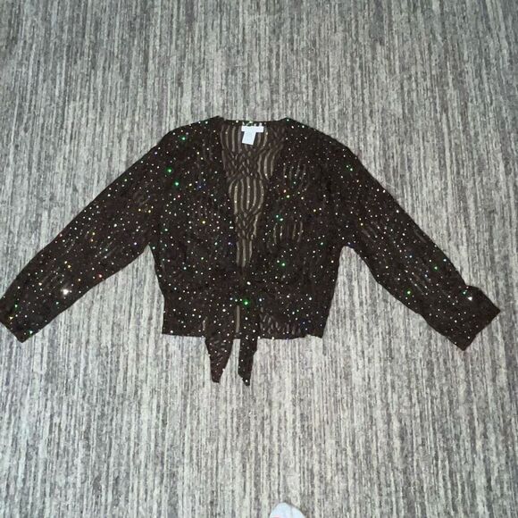 ReBeKah Womens Large Tie Front Cardigan Chocolate Brown Semi-Sheer Sparkle NWOT - Picture 1 of 5